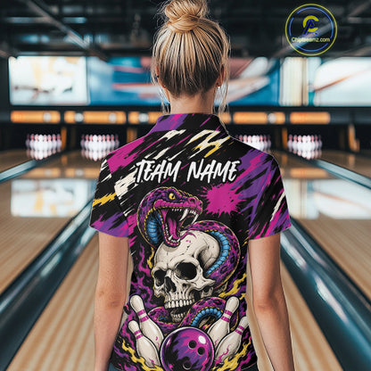 Custom Colorful Purple Snake And Skull Bowling Women Polo Shirt, Halloween Bowling Outfit IPHW11710