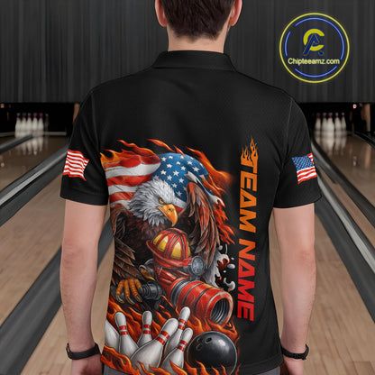 Custom Patriotic Flame Eagle Men Bowling Team Shirt, Firefighter Bowling Shirt IPHW10202