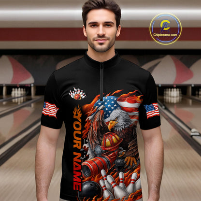 Custom Patriotic Flame Eagle Men Bowling Team Shirt, Firefighter Bowling Shirt IPHW10202
