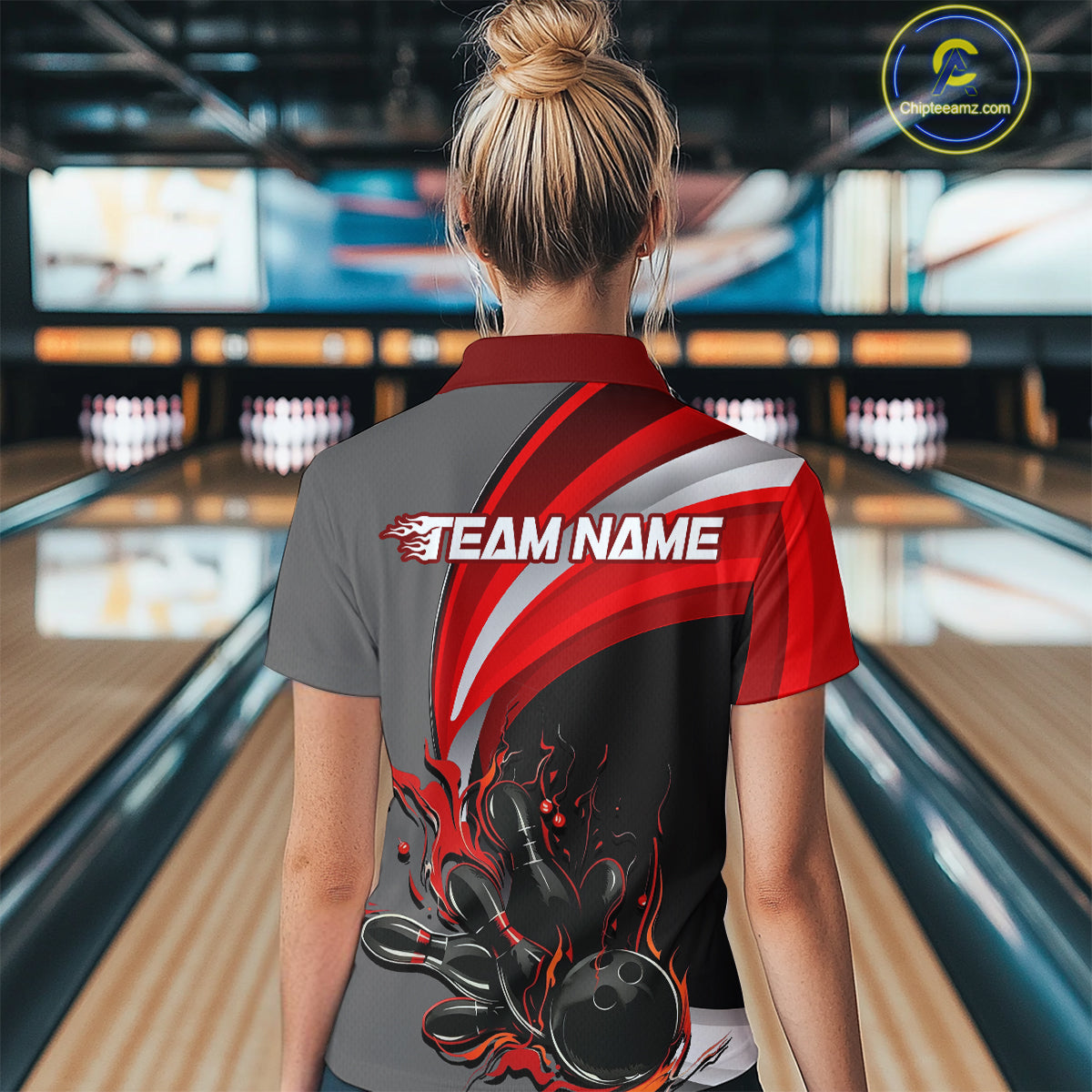 Custom Black, Red And Gray Flame Bowling Polo Shirts For Women, Bowling Team League Shirt IPHW9273