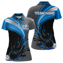 Load image into Gallery viewer, Custom Black, Blue And Gray Flame Bowling Polo Shirt For Women, Bowling Team League Shirt IPHW9274