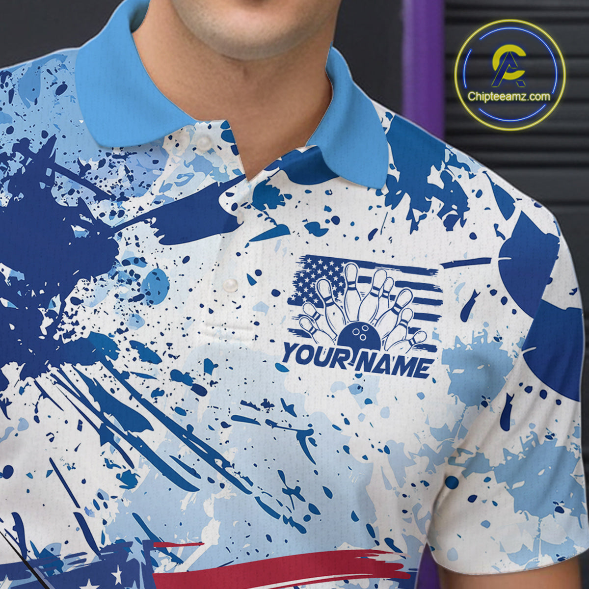 Custom Blue Camo Patriotic Bowling Polo Shirts For Men, Bowling Team Uniform IPHW9595