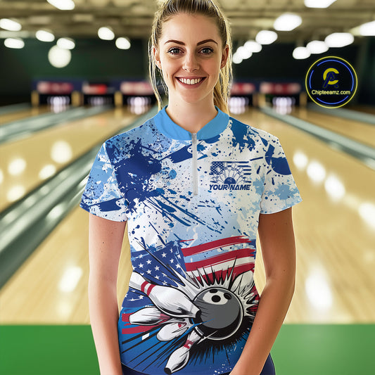 Custom Blue Camo Patriotic Bowling Quarter-Zip Shirts For Women, Bowling Team Uniform IPHW9595