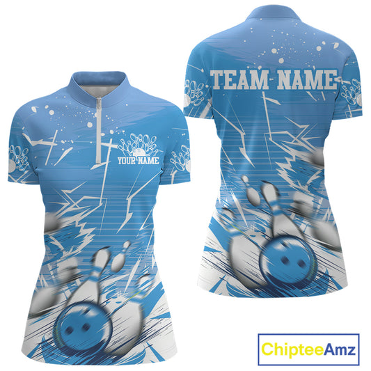 Custom White And Blue Bowling Team Women Quarter-Zip Shirt, Bowling Ball And Pins Jerseys IPHW9602