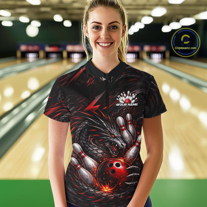 Custom Black And Red Dragon Bowling Jerseys, Dragon Bowling Team Women Quarter-Zip Shirt IPHW10362