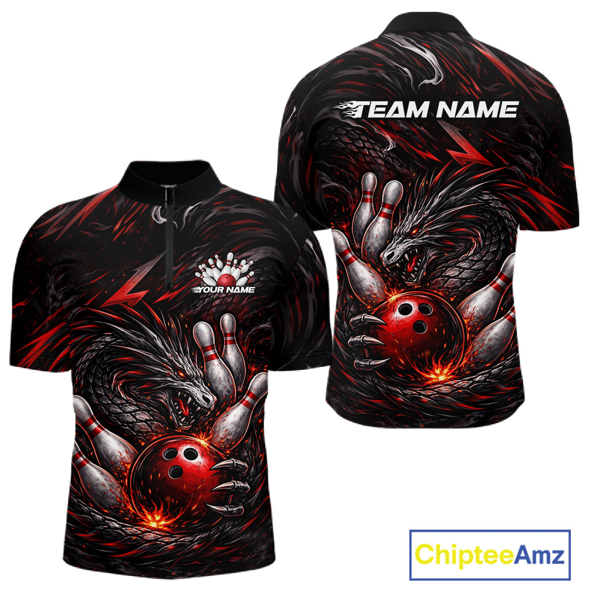 Custom Black And Red Dragon Bowling Jerseys, Dragon Bowling Team Men Quarter-Zip Shirt IPHW10362