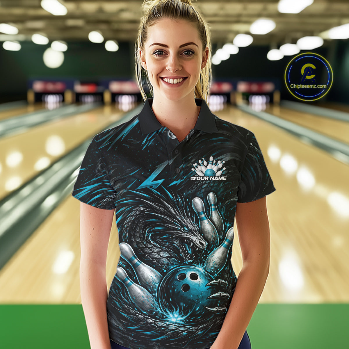 Custom Turquoise Blue Dragon Bowling Jerseys, Dragon Bowling Team Women Polo Shirt IPHW10363