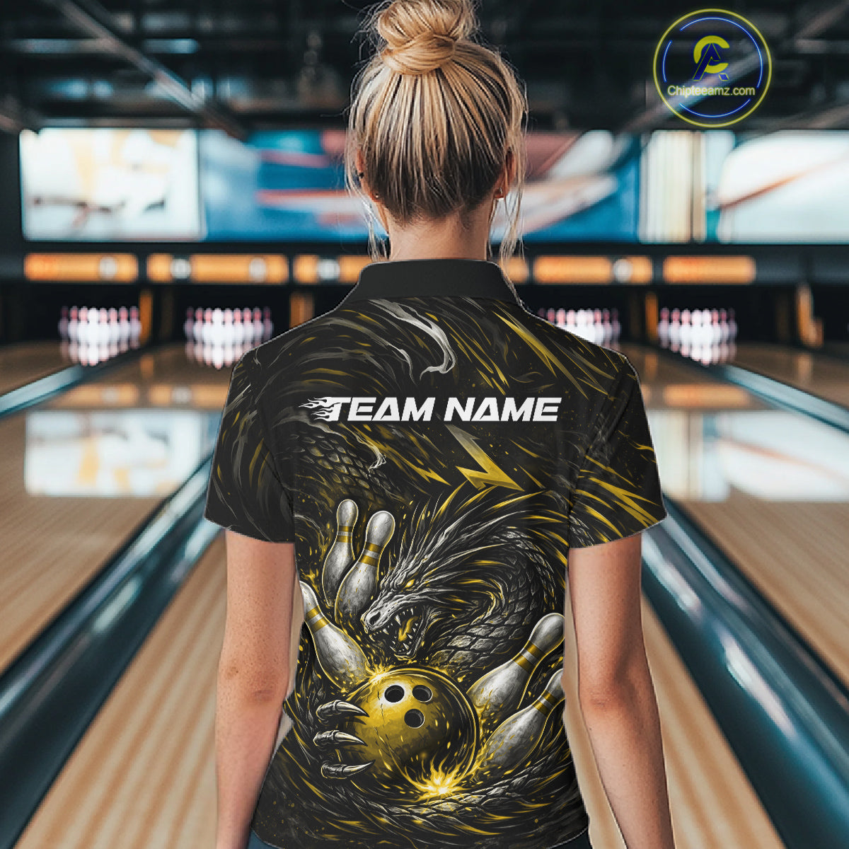 Custom Black And Gold Dragon Bowling Jerseys, Dragon Bowling Team Women Polo Shirt IPHW10364