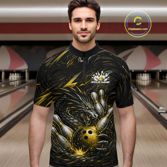 Custom Black And Gold Dragon Bowling Jerseys, Dragon Bowling Team Men Quarter-Zip Shirt IPHW10364
