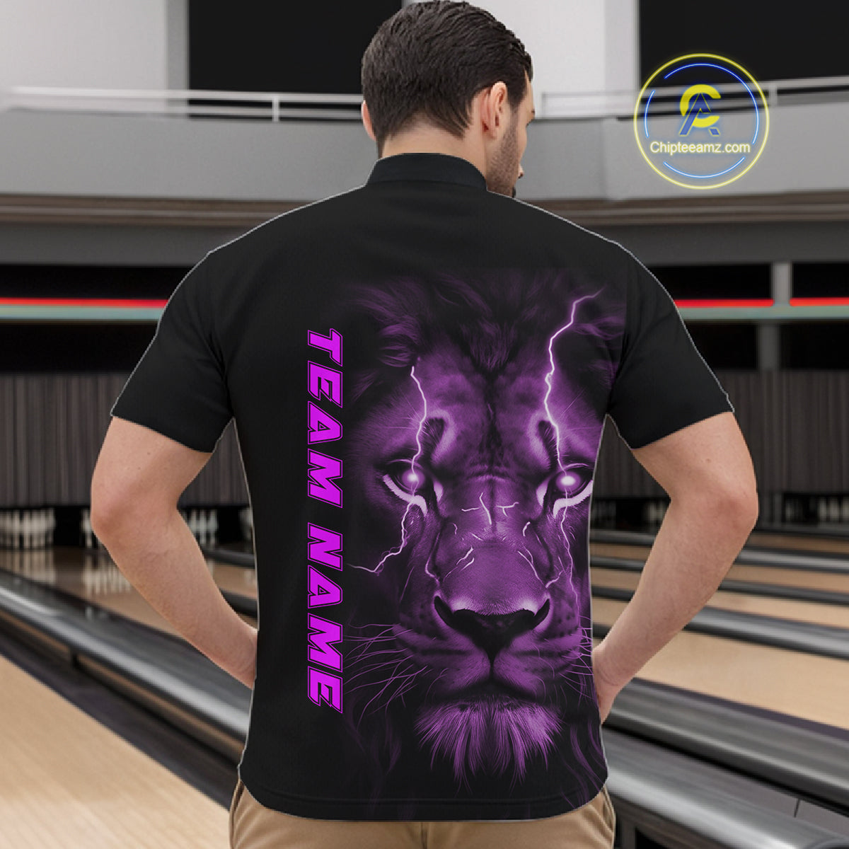 Custom Purple Thunder Lightning Lion Bowling Shirt For Men, Lion Bowling Team Jerseys IPHW10667