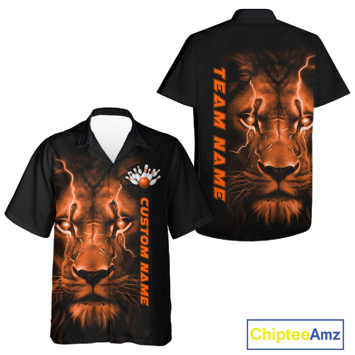 Custom Orange Thunder Lightning Lion Bowling Shirt For Men And Women, Lion Bowling Team Jerseys IPHW10669