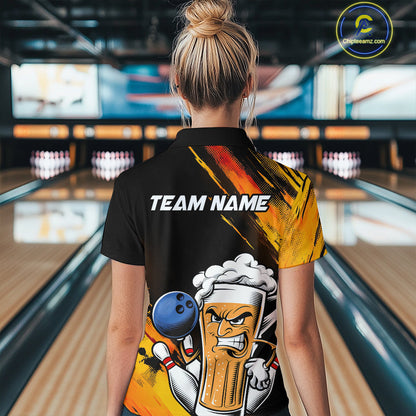 Custom Black And Yellow Funny Bowling And Beer Jerseys, Bowling Team Women Polo Shirts IPHW9605