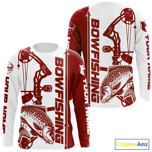 Custom Red And White Bowfishing Carp Long Sleeve Fishing Shirts, Carp Bow Fishing Shirt IPHW9293