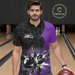 Custom Purple Bowling Team Polo Shirts For Men, Bowling Pattern Bowling League Shirt IPHW9624