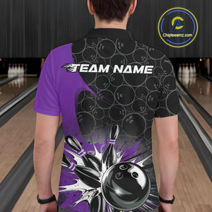 Custom Purple Bowling Team Polo Shirts For Men, Bowling Pattern Bowling League Shirt IPHW9624