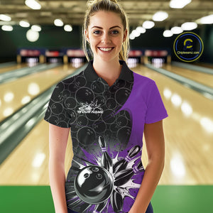 Custom Purple Bowling Team Polo Shirts For Women, Bowling Pattern Bowling League Shirt IPHW9624