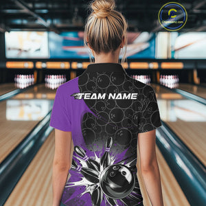 Custom Purple Bowling Team Polo Shirts For Women, Bowling Pattern Bowling League Shirt IPHW9624