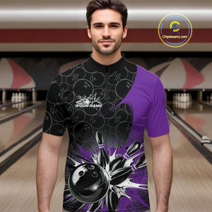 Custom Purple Bowling Team Quarter-Zip Shirts For Men, Bowling Pattern Bowling League Shirt IPHW9624