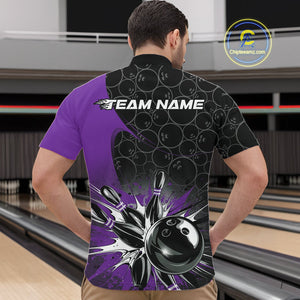 Custom Purple Bowling Team Quarter-Zip Shirts For Men, Bowling Pattern Bowling League Shirt IPHW9624