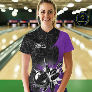 Custom Purple Bowling Team Women Quarter Zip Shirt, Bowling Pattern Bowling League Shirt IPHW9624