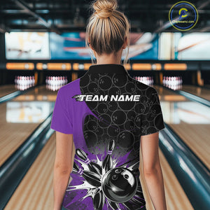 Custom Purple Bowling Team Women Quarter Zip Shirt, Bowling Pattern Bowling League Shirt IPHW9624