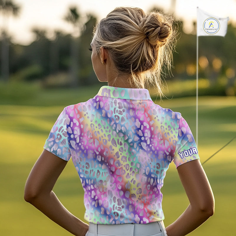 Colorful Neon Rainbow leopard pattern Women Golf Polo Shirt Custom ladies golf outfit cool golf gift NQS10244