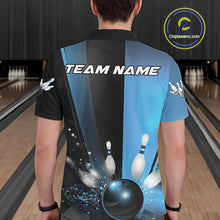 Load image into Gallery viewer, Custom Black And Blue Bowling Jerseys, Glowing Motion Graphic Bowling Men Polo Shirt IPHW9444