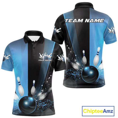 Custom Black And Blue Bowling Jerseys, Glowing Motion Graphic Bowling Men Polo Shirt IPHW9444