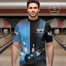 Load image into Gallery viewer, Custom Black And Blue Bowling Jerseys, Glowing Motion Graphic Bowling Men Quarter-Zip Shirt IPHW9444