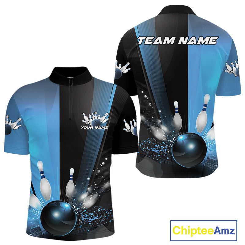Custom Black And Blue Bowling Jerseys, Glowing Motion Graphic Bowling Men Quarter-Zip Shirt IPHW9444