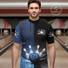 Load image into Gallery viewer, Half Black Half Blue Custom Bowling Team Quarter-Zip Shirts For Men, Bowling Tournament Shirt IPHW9446
