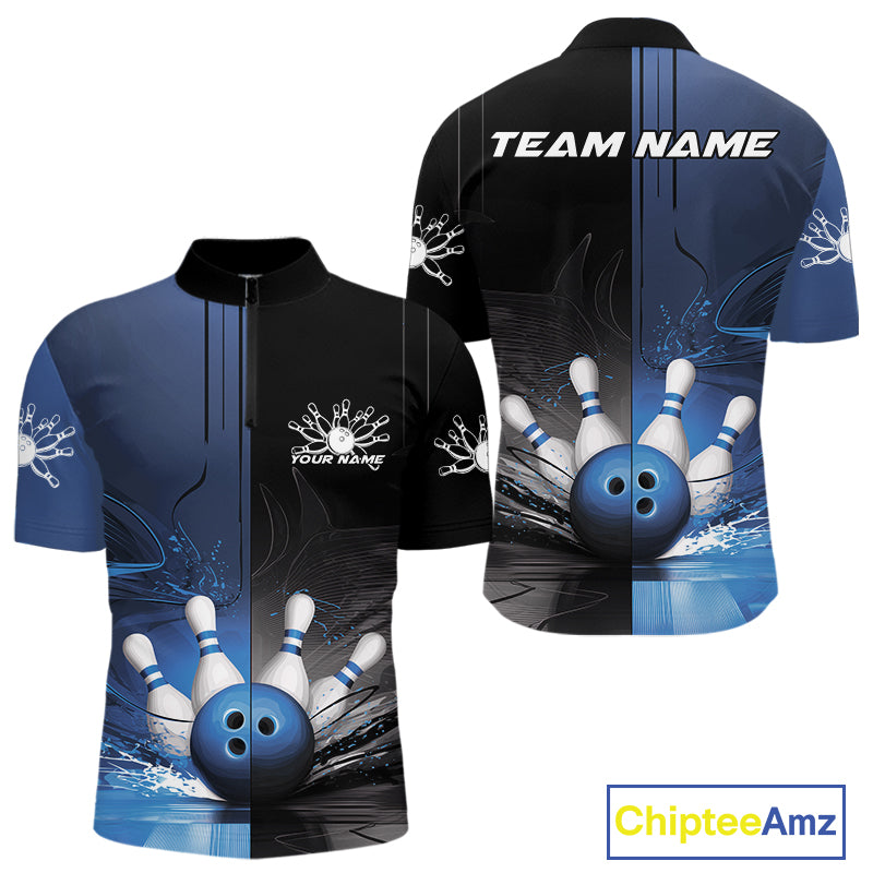 Half Black Half Blue Custom Bowling Team Quarter-Zip Shirts For Men, Bowling Tournament Shirt IPHW9446