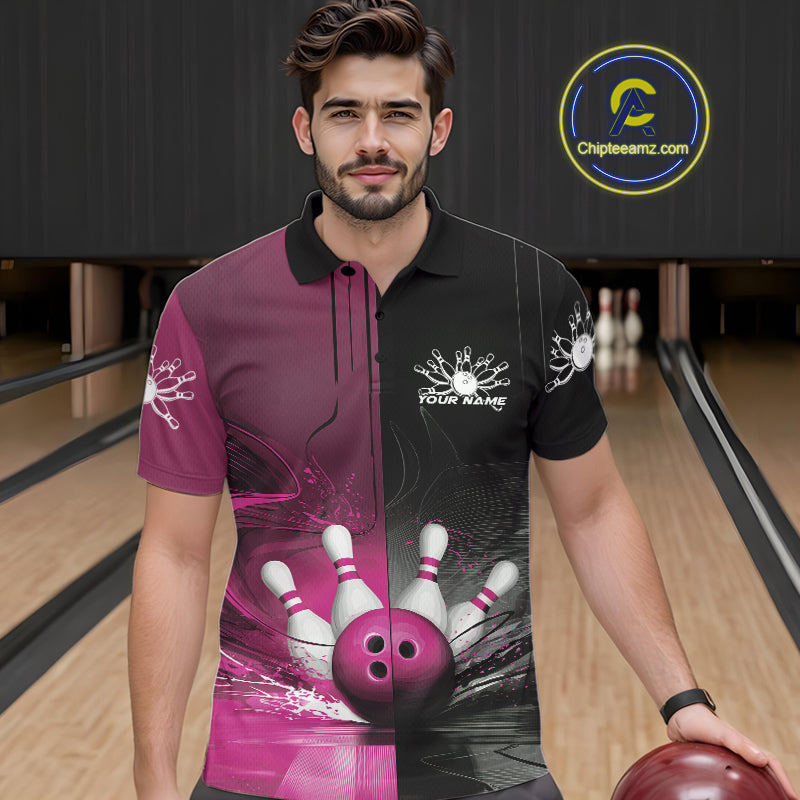 Half Black Half Pink Custom Bowling Team Polo Shirts For Men, Bowling Tournament Shirt IPHW9447