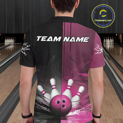 Half Black Half Pink Custom Bowling Team Polo Shirts For Men, Bowling Tournament Shirt IPHW9447