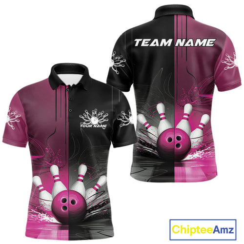 Half Black Half Pink Custom Bowling Team Polo Shirts For Men, Bowling Tournament Shirt IPHW9447