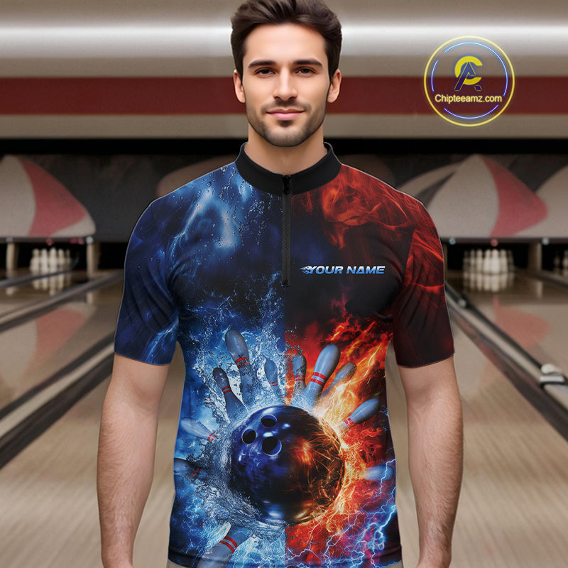 Custom Red Fire Blue Water Explosion Bowling Team Quarter-Zip Shirts For Men, Bowling Uniform IPHW9448