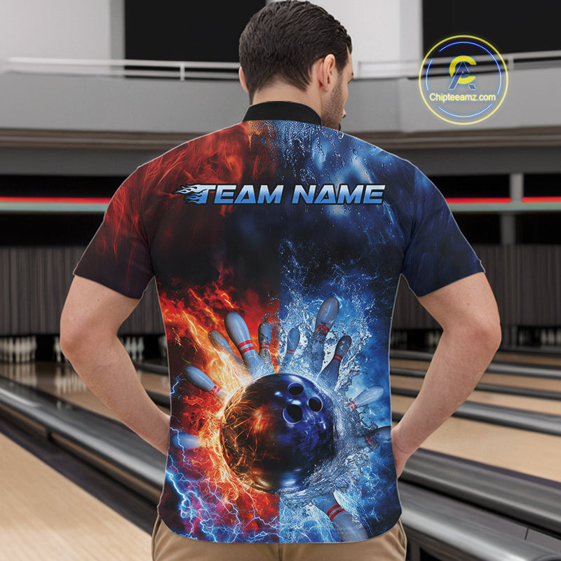 Custom Red Fire Blue Water Explosion Bowling Team Quarter-Zip Shirts For Men, Bowling Uniform IPHW9448