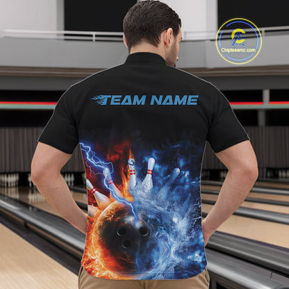 Custom Water And Fire Bowling Team Quarter-Zip Shirts For Men, Thunder Lightning Bowling Uniform IPHW9449