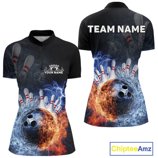 Custom Lightning, Fire And Water Splash Energy Burst Bowling Team Women Quarter-Zip Shirt IPHW9451