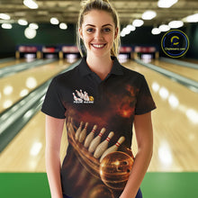 Load image into Gallery viewer, Custom Black And Gold Fire Energy Streaks Bowling Team Women Polo Shirts, Bowling Uniform IPHW9453