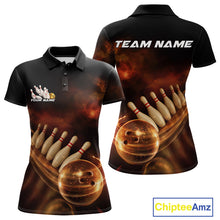 Load image into Gallery viewer, Custom Black And Gold Fire Energy Streaks Bowling Team Women Polo Shirts, Bowling Uniform IPHW9453