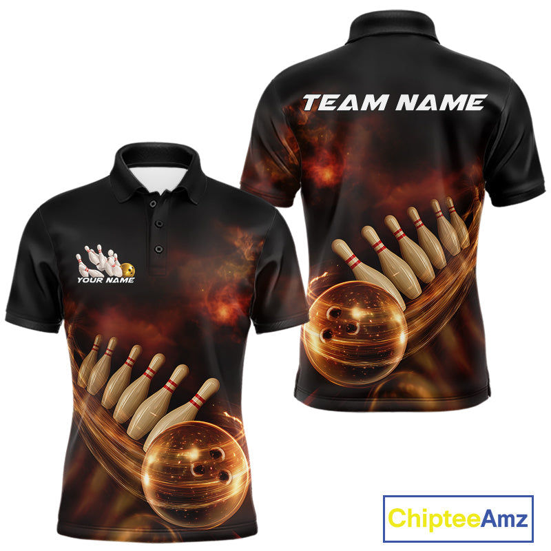 Custom Black And Gold Fire Energy Streaks Bowling Team Men Polo Shirts, Bowling Uniform IPHW9453