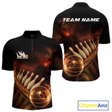 Load image into Gallery viewer, Custom Black And Gold Fire Energy Streaks Bowling Team Men Quarter-Zip Shirts, Bowling Uniform IPHW9453