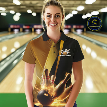 Custom Black And Glowing Gold Bowling Team Women Polo Shirts, Golden Bowling Jerseys IPHW9454