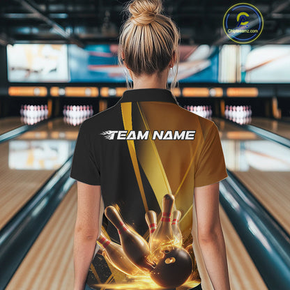 Custom Black And Glowing Gold Bowling Team Women Polo Shirts, Golden Bowling Jerseys IPHW9454