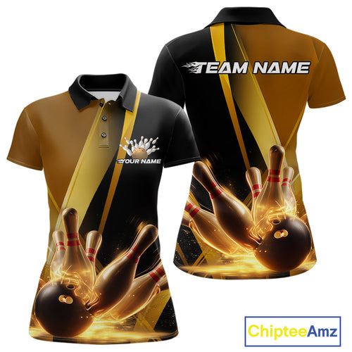 Custom Black And Glowing Gold Bowling Team Women Polo Shirts, Golden Bowling Jerseys IPHW9454