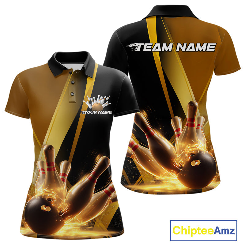 Custom Black And Glowing Gold Bowling Team Women Polo Shirts, Golden Bowling Jerseys IPHW9454