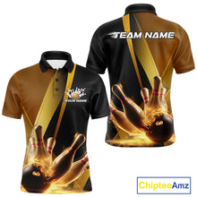 Load image into Gallery viewer, Custom Black And Glowing Gold Bowling Team Men Polo Shirts, Golden Bowling Jerseys IPHW9454