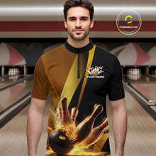 Load image into Gallery viewer, Custom Black And Glowing Gold Bowling Team Men Quarter-Zip Shirts, Golden Bowling Jerseys IPHW9454