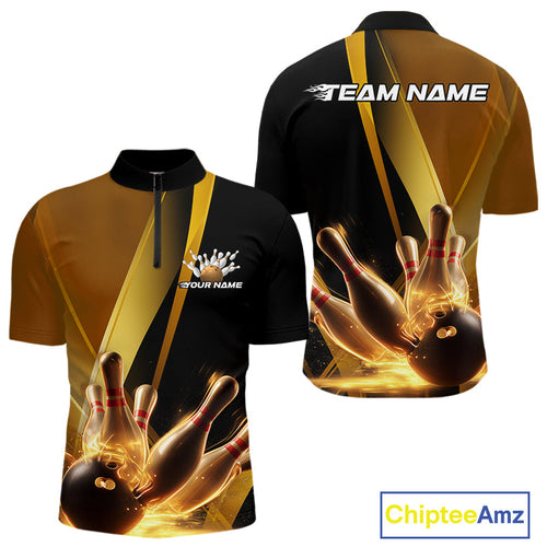 Custom Black And Glowing Gold Bowling Team Men Quarter-Zip Shirts, Golden Bowling Jerseys IPHW9454